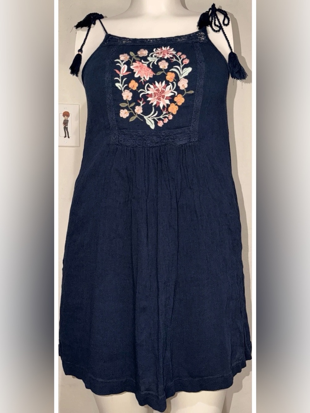 Abercrombie & Fitch Navy Tie-Shoulder Dress with Floral Embroidery